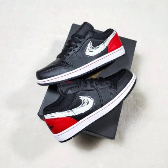 DA4659-001 Air Jordan 1 Low Brushstroke Swoosh Black Red Black/White-University Red 