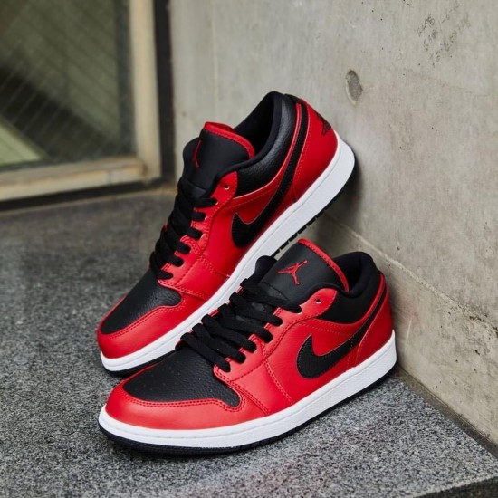 553558-605 Air Jordan 1 Low Reverse Bred Pebbled Swoosh Gymred/White/Black