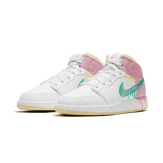 DD1666-100 Air Jordan 1 Mid Paint Drip White/Pink/Yellow/Green