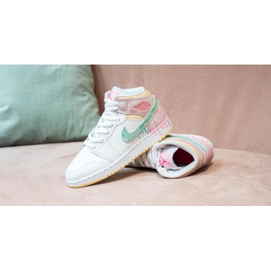 DD1666-100 Air Jordan 1 Mid Paint Drip White/Pink/Yellow/Green