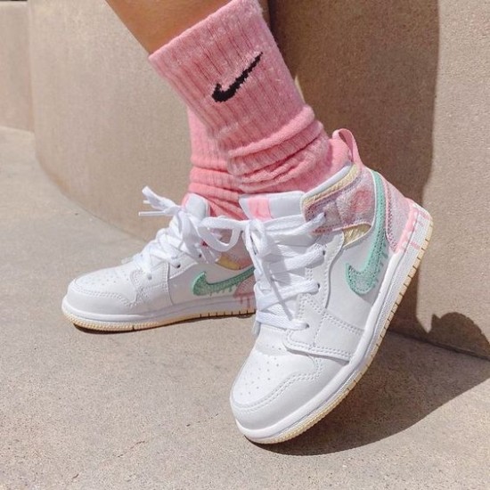 DD1666-100 Air Jordan 1 Mid Paint Drip White/Pink/Yellow/Green