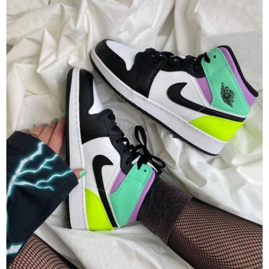 554725-175 Air Jordan 1 Mid Pastel Black Toe White/Black-Volt-Greenglow