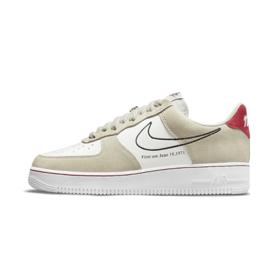 DB3597-100 Air Force 1 Low First Use Light Sail Red Light Stone/Black/Sail/University Red 