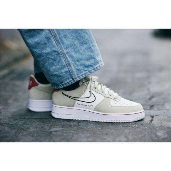 DB3597-100 Air Force 1 Low First Use Light Sail Red Light Stone/Black/Sail/University Red 